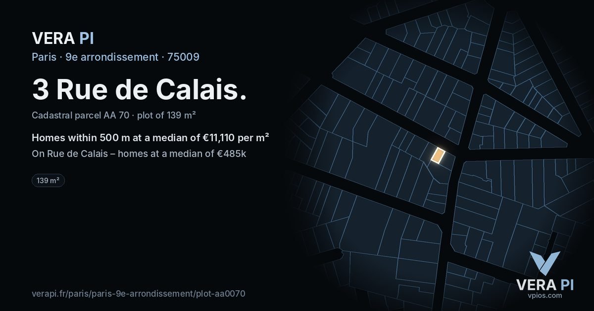 3 Rue de Calais, 9e arrondissement at night – the plot lit, the parcels around coloured by the prices near them