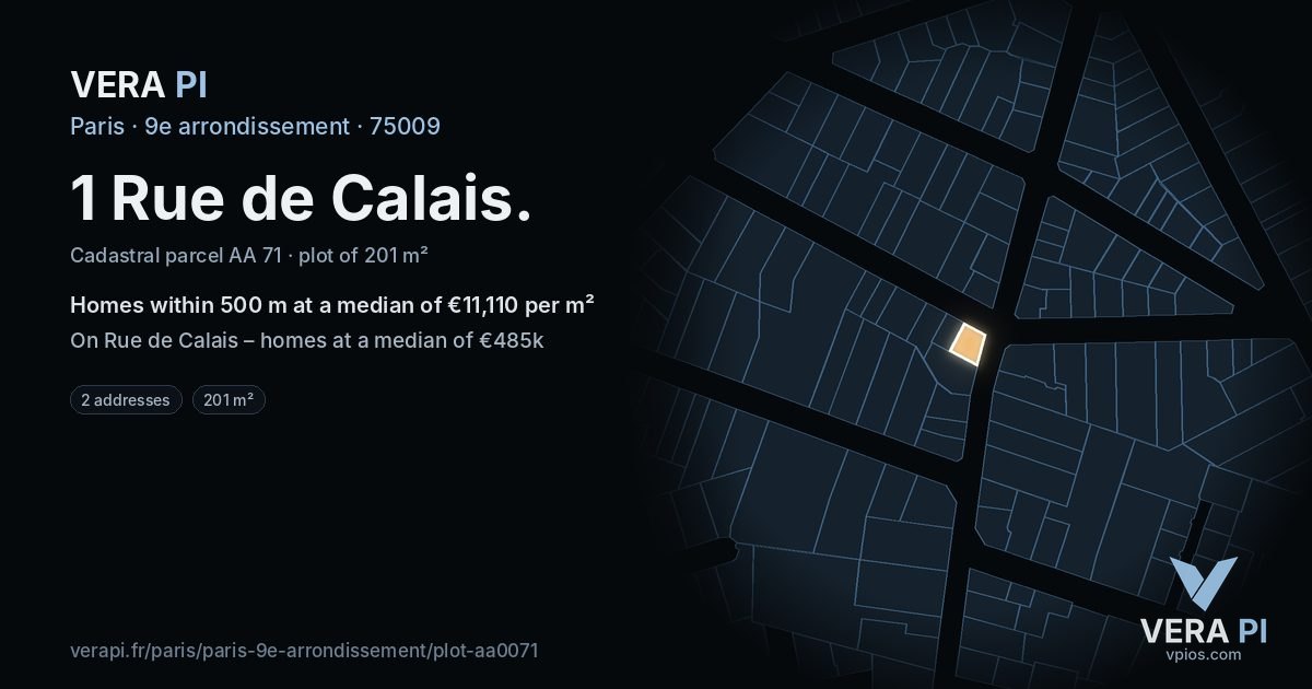 1 Rue de Calais, 9e arrondissement at night – the plot lit, the parcels around coloured by the prices near them
