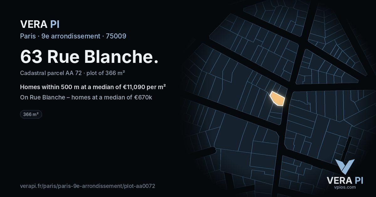 63 Rue Blanche, 9e arrondissement at night – the plot lit, the parcels around coloured by the prices near them