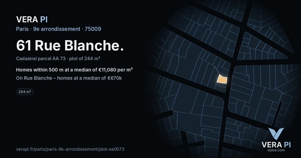 61 Rue Blanche, 9e arrondissement at night – the plot lit, the parcels around coloured by the prices near them