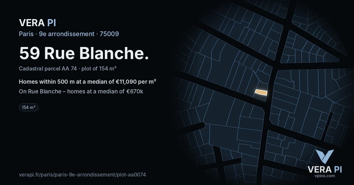 59 Rue Blanche, 9e arrondissement at night – the plot lit, the parcels around coloured by the prices near them
