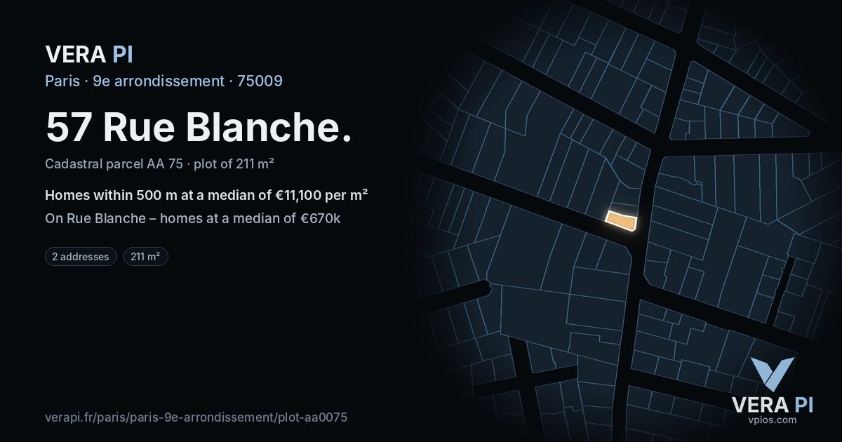 57 Rue Blanche, 9e arrondissement at night – the plot lit, the parcels around coloured by the prices near them