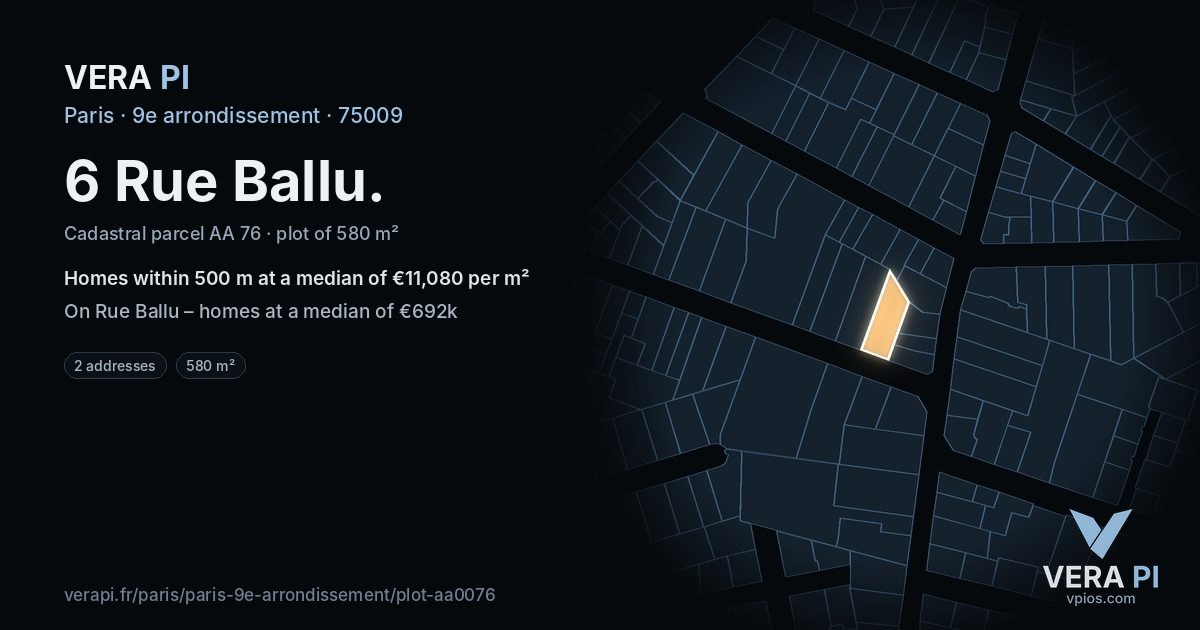 6 Rue Ballu, 9e arrondissement at night – the plot lit, the parcels around coloured by the prices near them