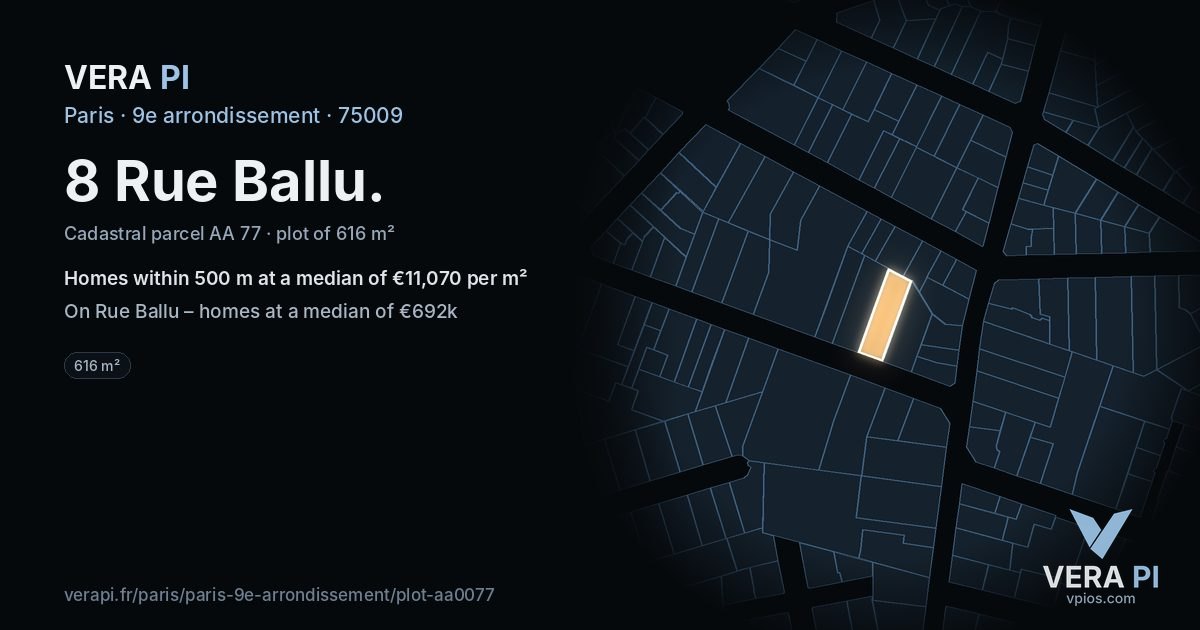 8 Rue Ballu, 9e arrondissement at night – the plot lit, the parcels around coloured by the prices near them
