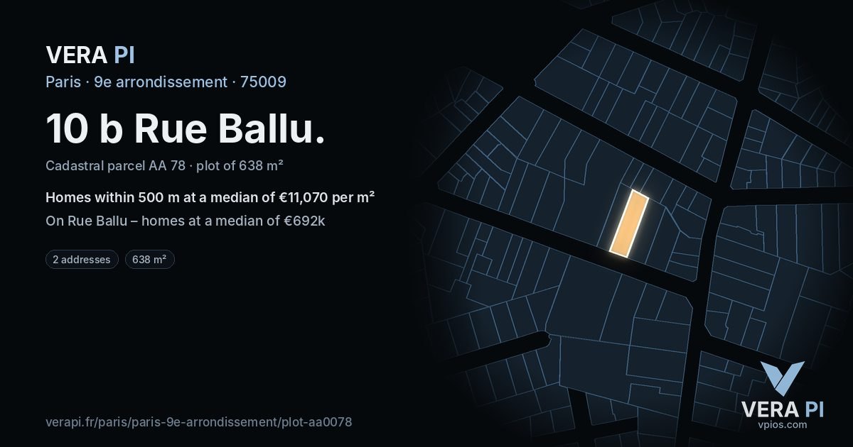 10 b Rue Ballu, 9e arrondissement at night – the plot lit, the parcels around coloured by the prices near them