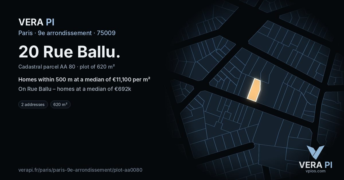 20 Rue Ballu, 9e arrondissement at night – the plot lit, the parcels around coloured by the prices near them
