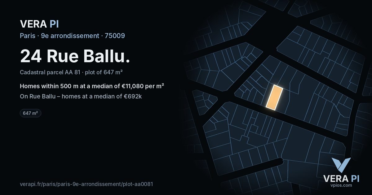 24 Rue Ballu, 9e arrondissement at night – the plot lit, the parcels around coloured by the prices near them