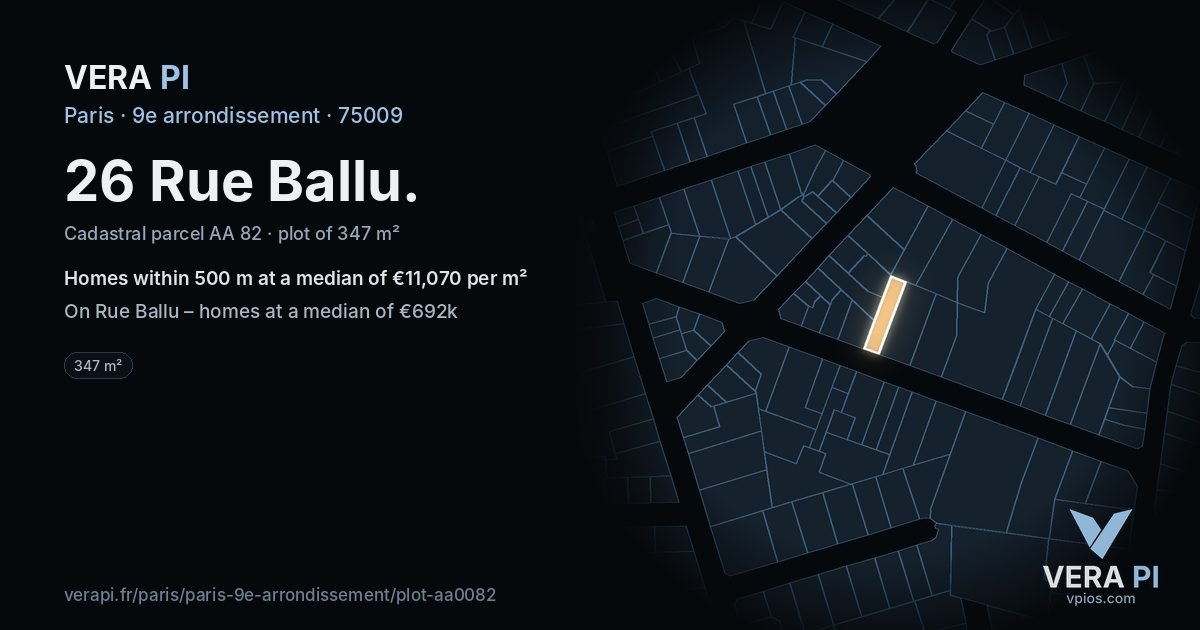 26 Rue Ballu, 9e arrondissement at night – the plot lit, the parcels around coloured by the prices near them
