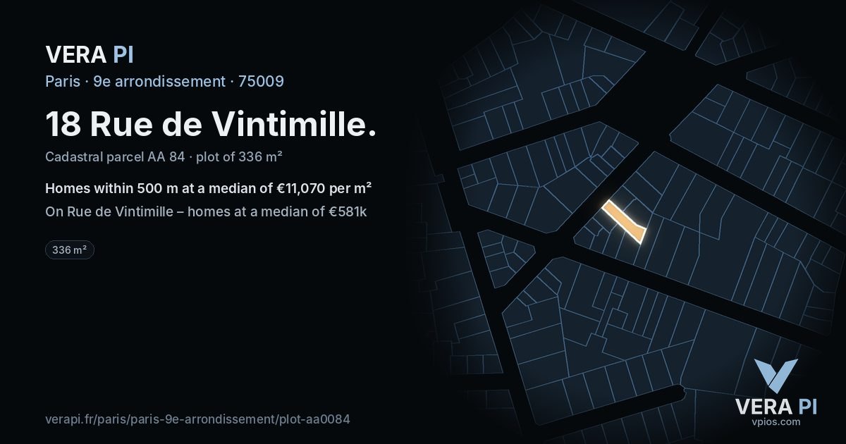 18 Rue de Vintimille, 9e arrondissement at night – the plot lit, the parcels around coloured by the prices near them