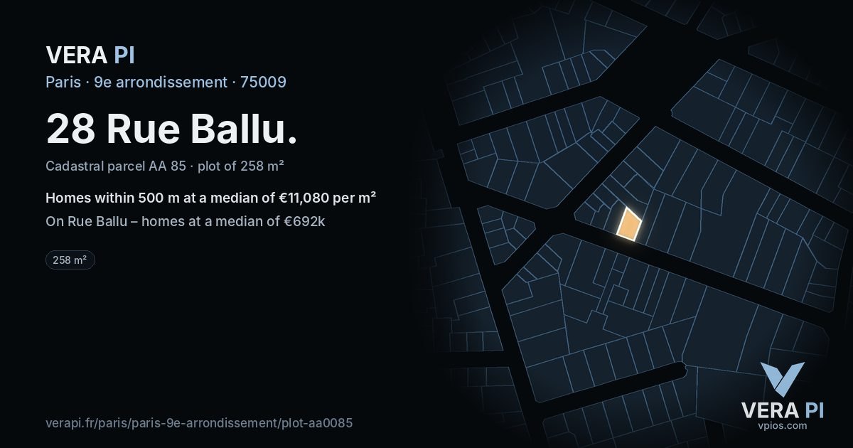 28 Rue Ballu, 9e arrondissement at night – the plot lit, the parcels around coloured by the prices near them