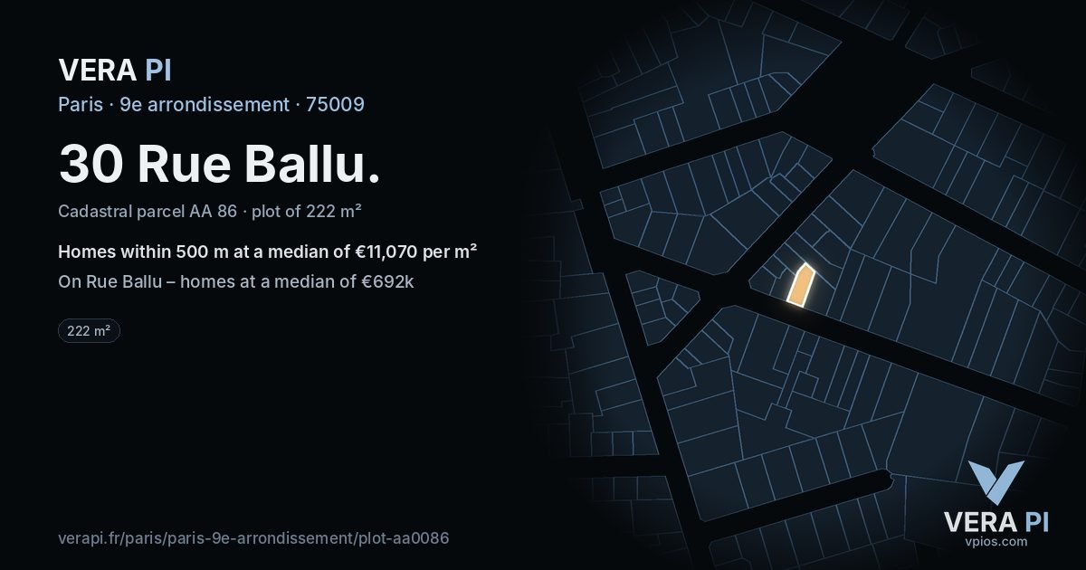 30 Rue Ballu, 9e arrondissement at night – the plot lit, the parcels around coloured by the prices near them