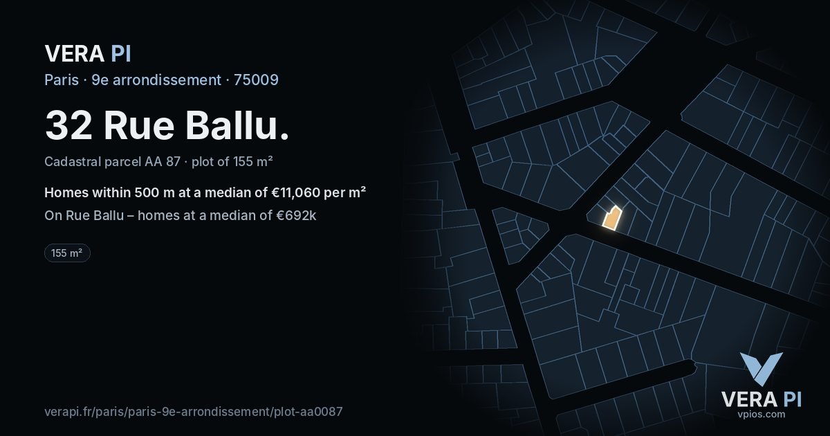 32 Rue Ballu, 9e arrondissement at night – the plot lit, the parcels around coloured by the prices near them
