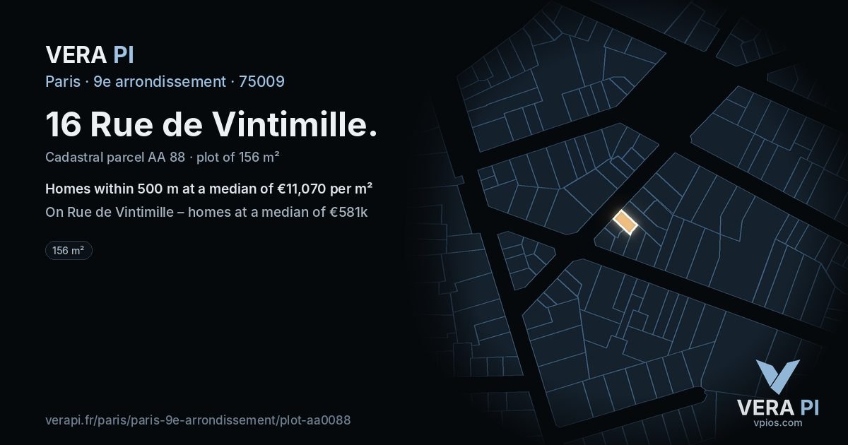 16 Rue de Vintimille, 9e arrondissement at night – the plot lit, the parcels around coloured by the prices near them