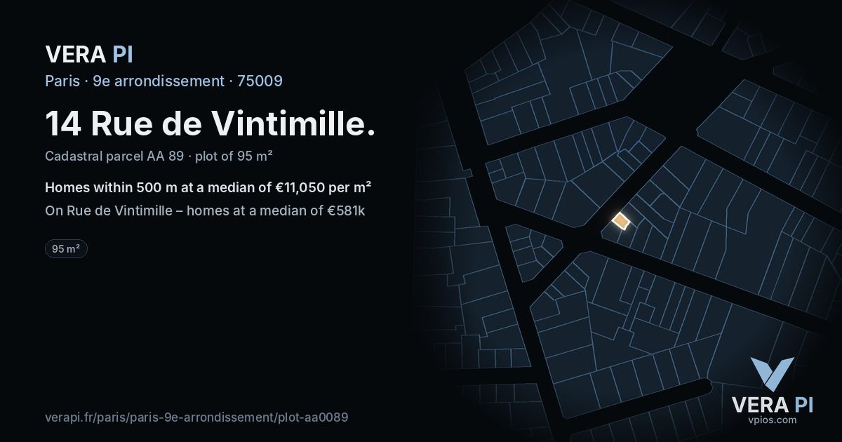 14 Rue de Vintimille, 9e arrondissement at night – the plot lit, the parcels around coloured by the prices near them