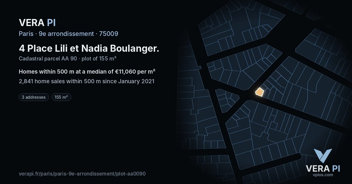 4 Place Lili et Nadia Boulanger, 9e arrondissement at night – the plot lit, the parcels around coloured by the prices near them
