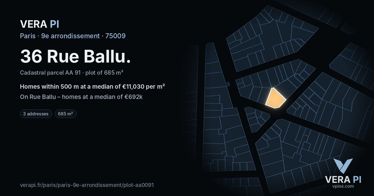 36 Rue Ballu, 9e arrondissement at night – the plot lit, the parcels around coloured by the prices near them