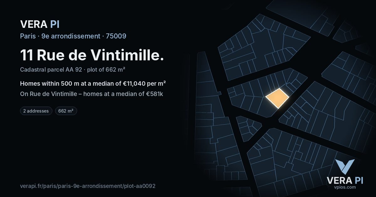 11 Rue de Vintimille, 9e arrondissement at night – the plot lit, the parcels around coloured by the prices near them