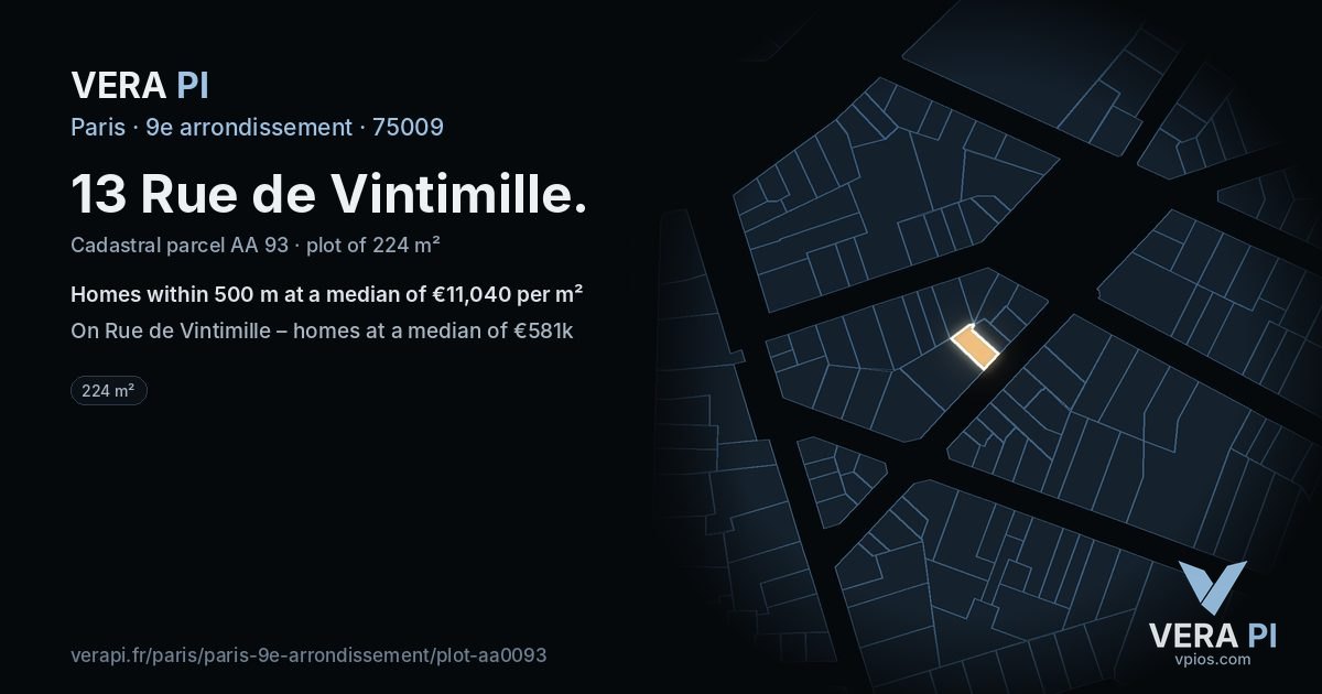 13 Rue de Vintimille, 9e arrondissement at night – the plot lit, the parcels around coloured by the prices near them