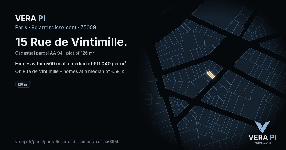 15 Rue de Vintimille, 9e arrondissement at night – the plot lit, the parcels around coloured by the prices near them