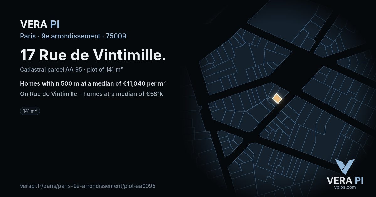 17 Rue de Vintimille, 9e arrondissement at night – the plot lit, the parcels around coloured by the prices near them