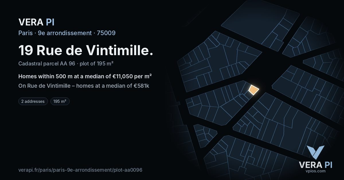 19 Rue de Vintimille, 9e arrondissement at night – the plot lit, the parcels around coloured by the prices near them