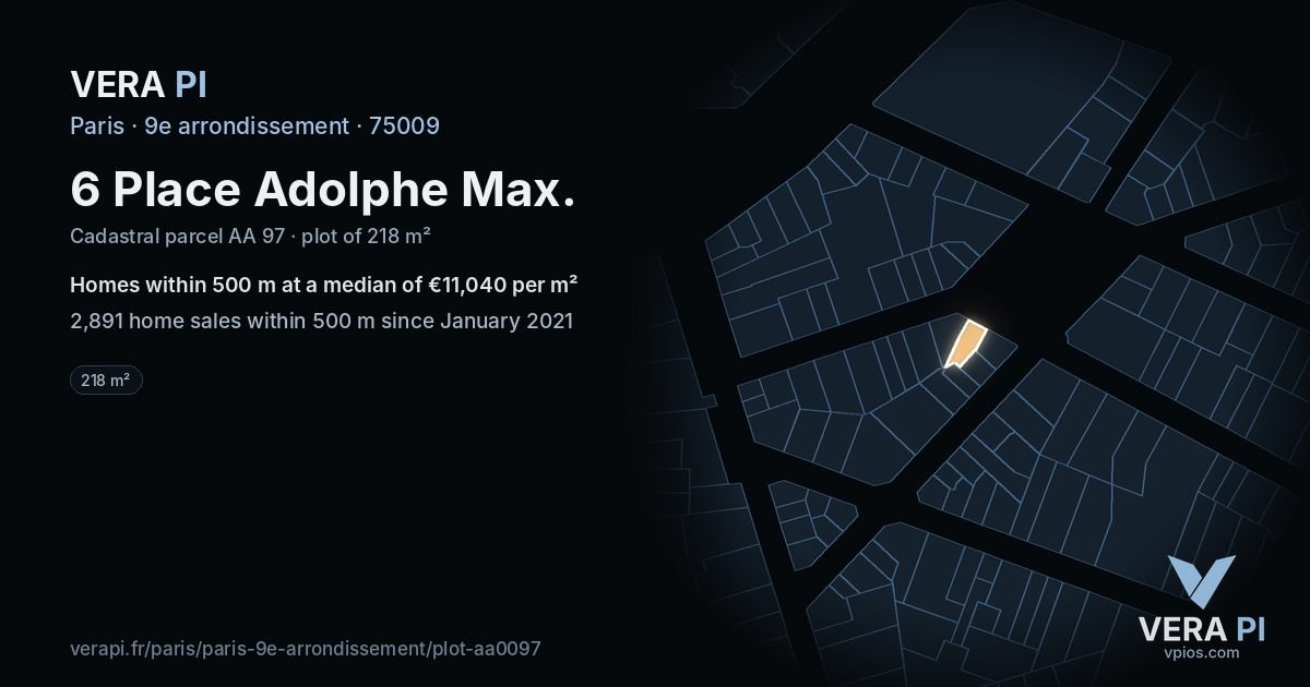 6 Place Adolphe Max, 9e arrondissement at night – the plot lit, the parcels around coloured by the prices near them