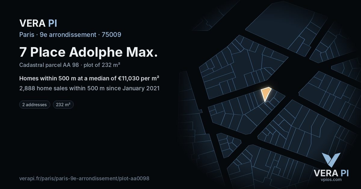 7 Place Adolphe Max, 9e arrondissement at night – the plot lit, the parcels around coloured by the prices near them