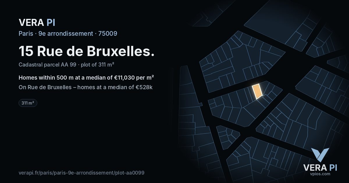15 Rue de Bruxelles, 9e arrondissement at night – the plot lit, the parcels around coloured by the prices near them