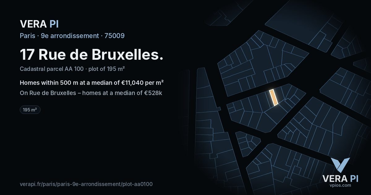 17 Rue de Bruxelles, 9e arrondissement at night – the plot lit, the parcels around coloured by the prices near them