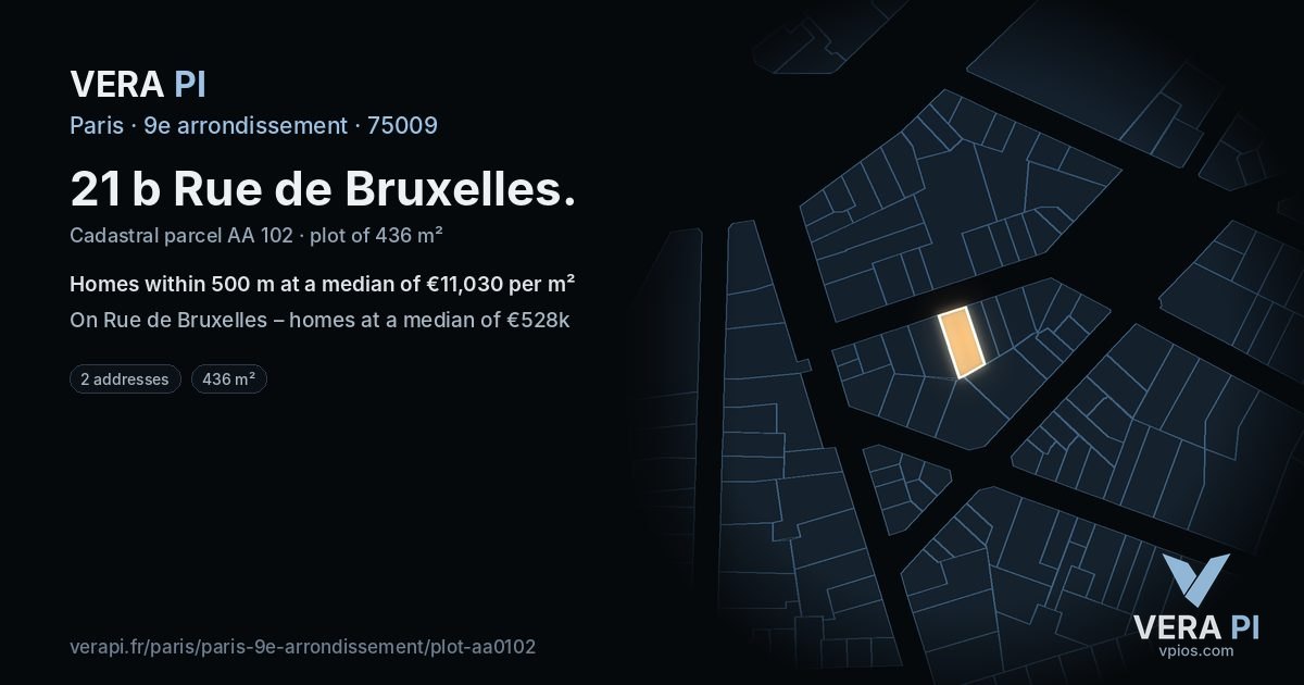 21 b Rue de Bruxelles, 9e arrondissement at night – the plot lit, the parcels around coloured by the prices near them