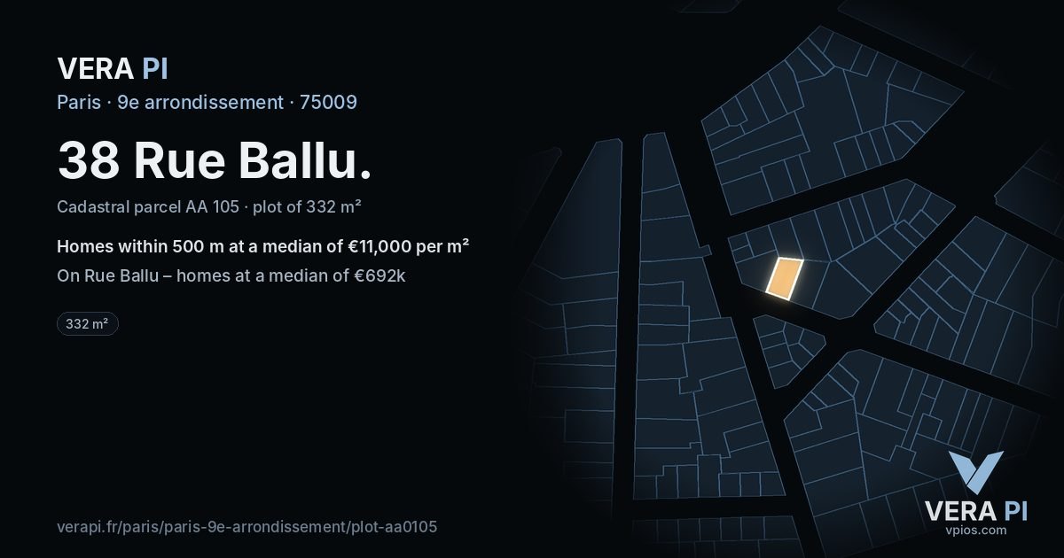 38 Rue Ballu, 9e arrondissement at night – the plot lit, the parcels around coloured by the prices near them