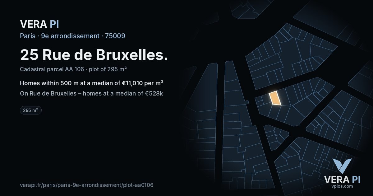 25 Rue de Bruxelles, 9e arrondissement at night – the plot lit, the parcels around coloured by the prices near them