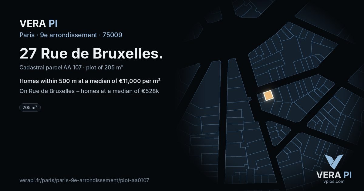 27 Rue de Bruxelles, 9e arrondissement at night – the plot lit, the parcels around coloured by the prices near them