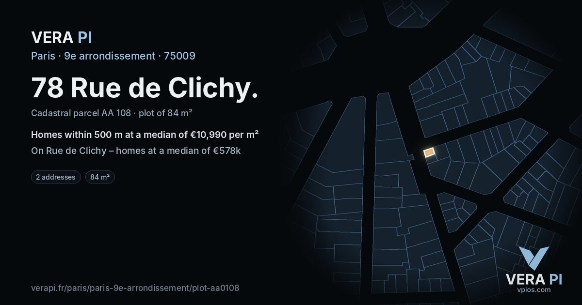 78 Rue de Clichy, 9e arrondissement at night – the plot lit, the parcels around coloured by the prices near them