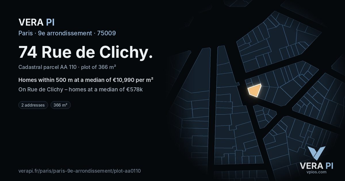74 Rue de Clichy, 9e arrondissement at night – the plot lit, the parcels around coloured by the prices near them
