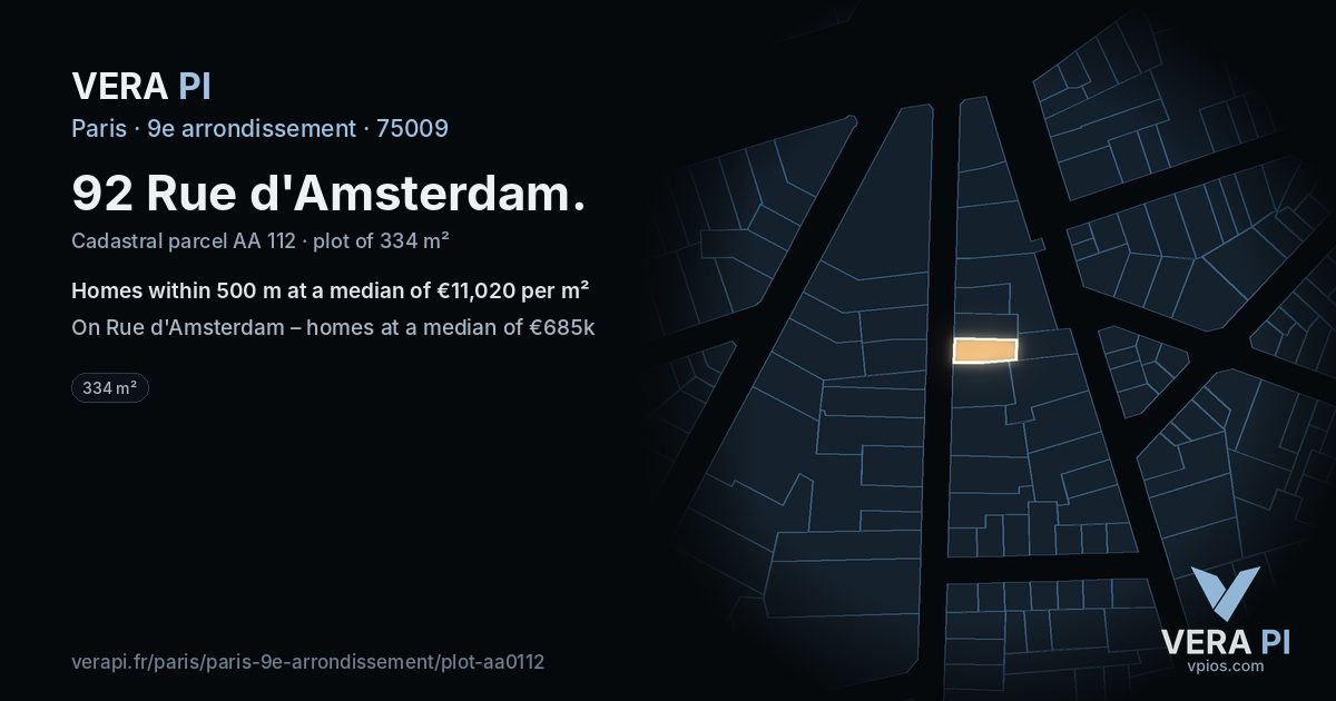 92 Rue d'Amsterdam, 9e arrondissement at night – the plot lit, the parcels around coloured by the prices near them