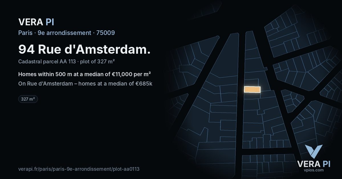 94 Rue d'Amsterdam, 9e arrondissement at night – the plot lit, the parcels around coloured by the prices near them
