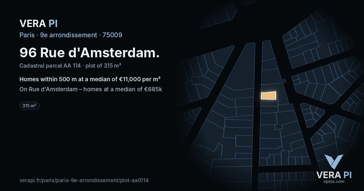 96 Rue d'Amsterdam, 9e arrondissement at night – the plot lit, the parcels around coloured by the prices near them
