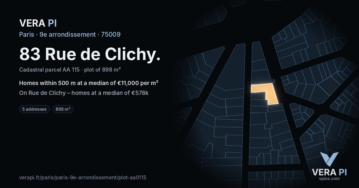83 Rue de Clichy, 9e arrondissement at night – the plot lit, the parcels around coloured by the prices near them