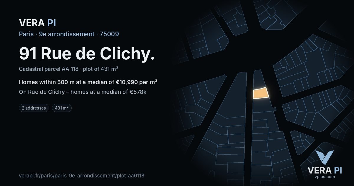 91 Rue de Clichy, 9e arrondissement at night – the plot lit, the parcels around coloured by the prices near them