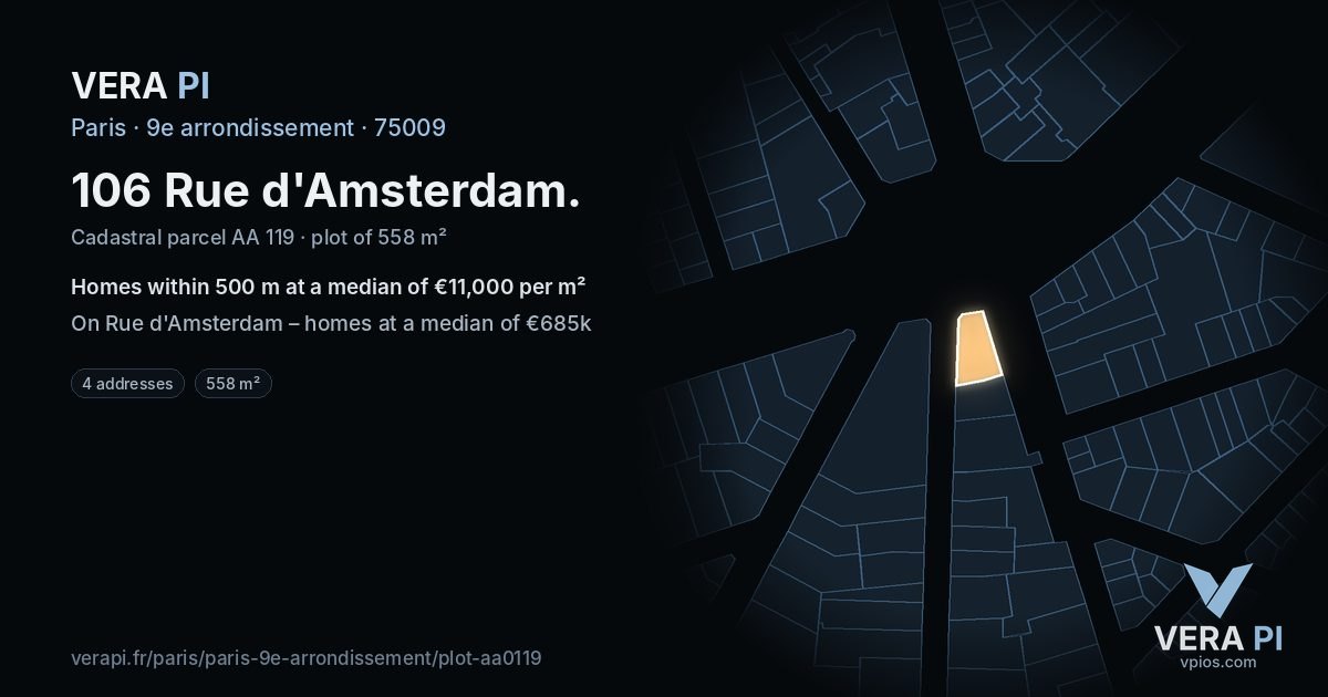 106 Rue d'Amsterdam, 9e arrondissement at night – the plot lit, the parcels around coloured by the prices near them