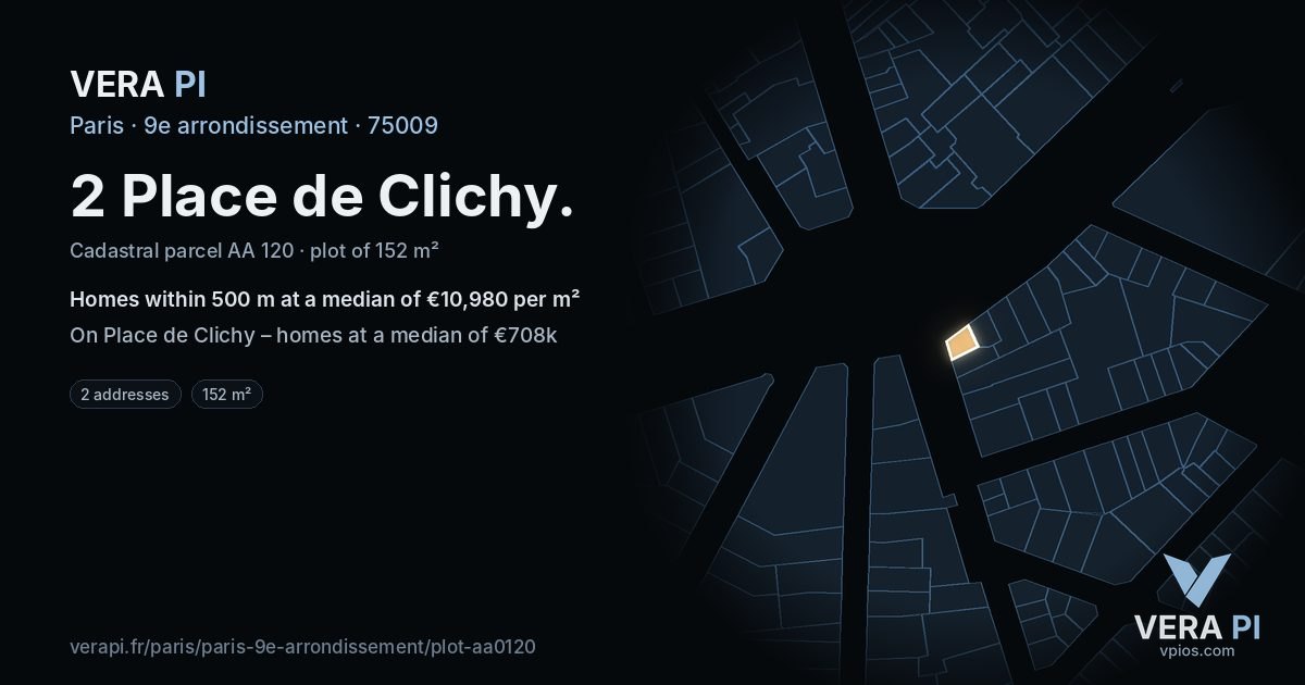 2 Place de Clichy, 9e arrondissement at night – the plot lit, the parcels around coloured by the prices near them