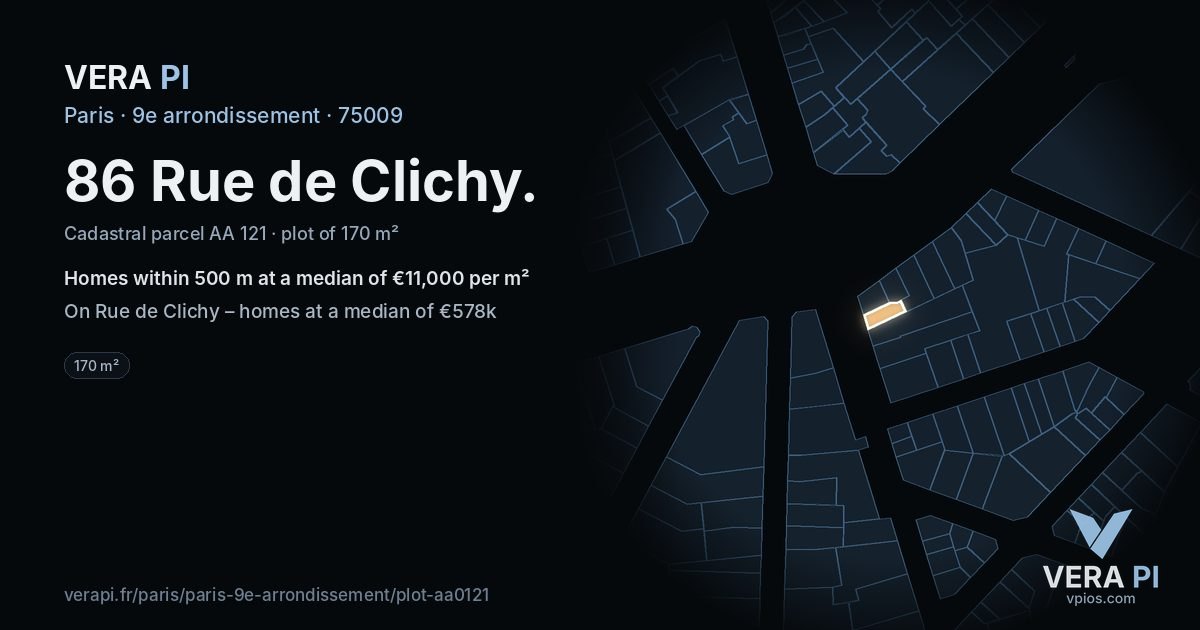 86 Rue de Clichy, 9e arrondissement at night – the plot lit, the parcels around coloured by the prices near them