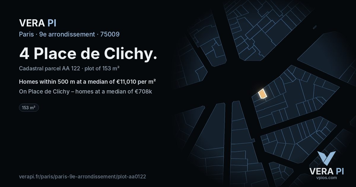 4 Place de Clichy, 9e arrondissement at night – the plot lit, the parcels around coloured by the prices near them