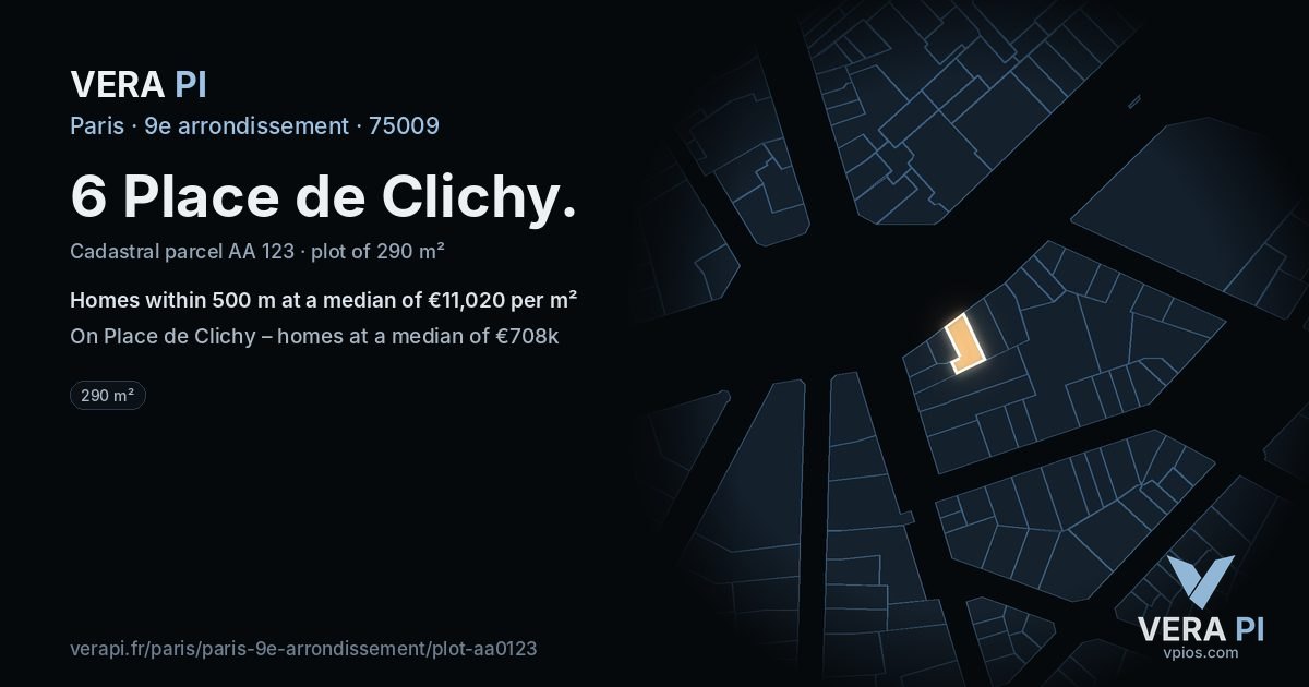 6 Place de Clichy, 9e arrondissement at night – the plot lit, the parcels around coloured by the prices near them