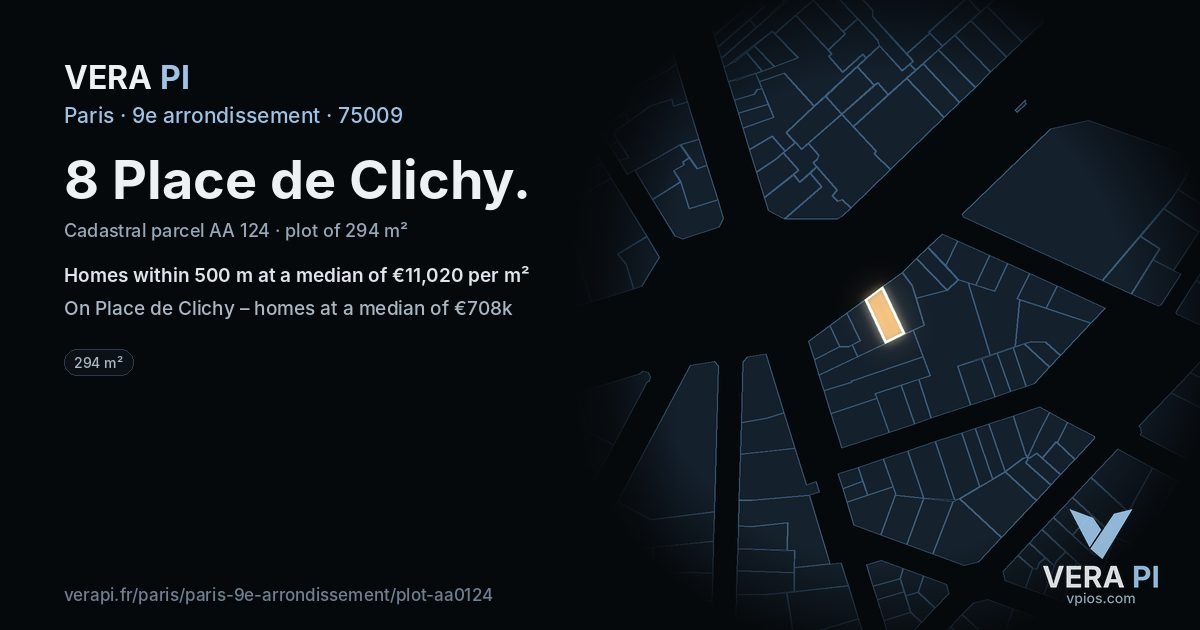 8 Place de Clichy, 9e arrondissement at night – the plot lit, the parcels around coloured by the prices near them