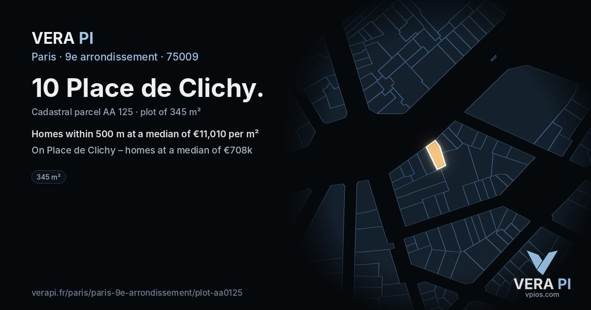 10 Place de Clichy, 9e arrondissement at night – the plot lit, the parcels around coloured by the prices near them