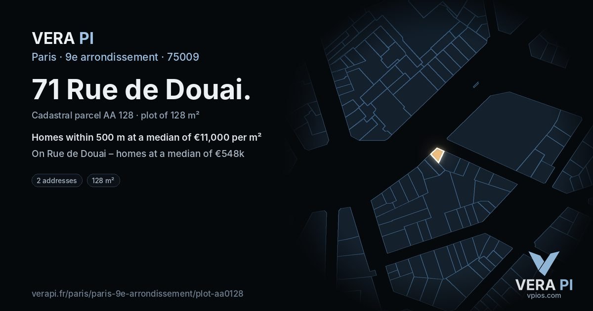 71 Rue de Douai, 9e arrondissement at night – the plot lit, the parcels around coloured by the prices near them
