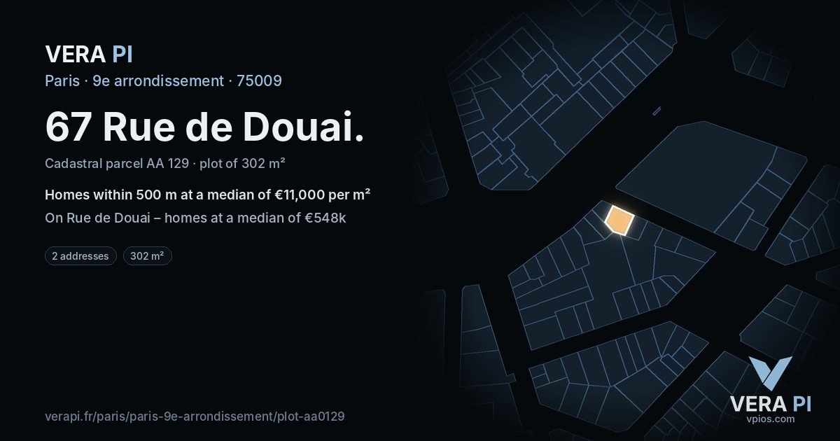 67 Rue de Douai, 9e arrondissement at night – the plot lit, the parcels around coloured by the prices near them