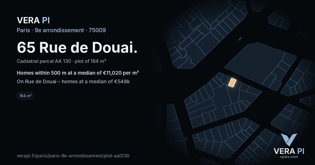 65 Rue de Douai, 9e arrondissement at night – the plot lit, the parcels around coloured by the prices near them